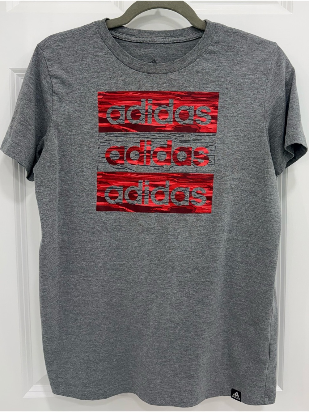 adidas Gray Short Sleeve Tee with Red Logo Stripes - Big boys